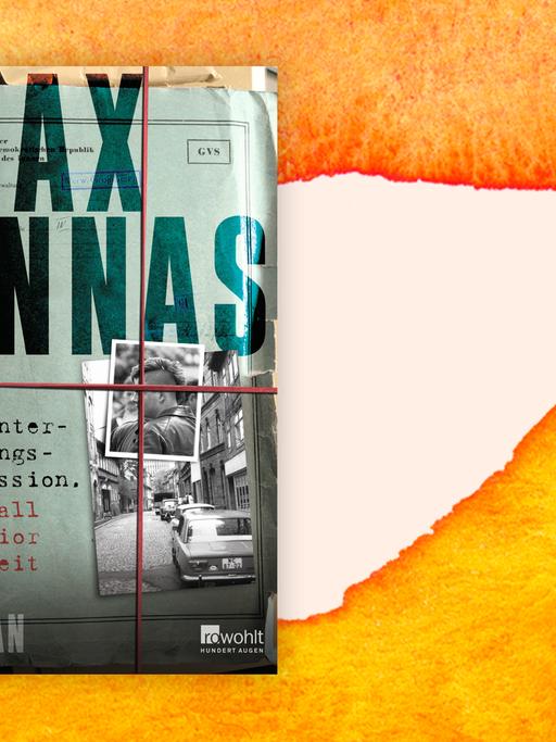 Das Cover von Max Annas' Buch: "Morduntersuchungskommission. Der Fall Melchior Nikoleit" auf orange-weißem Hintergrund. Auf dem Cover sind zwei Fotos in verschiedenen Größen zu sehen, Autor und Titel sind in typischer Schreibmaschinenschrift gedruckt. Ein Gummi scheint horizontal und vertikal über das Ensemble gespannt zu sein.