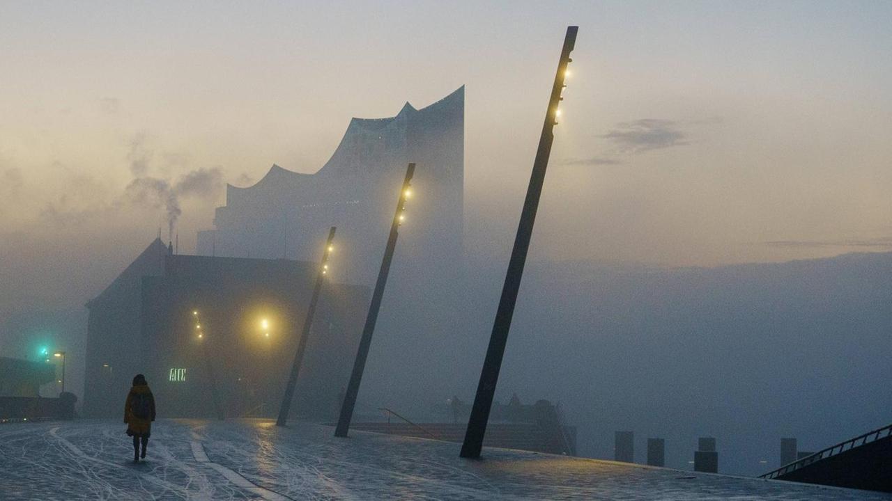 Die Elbphilharmonie in Hamburg im Nebel.