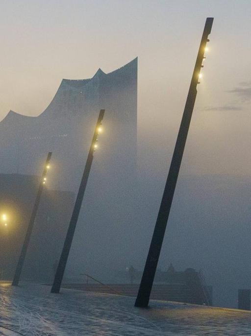 Die Elbphilharmonie in Hamburg im Nebel.