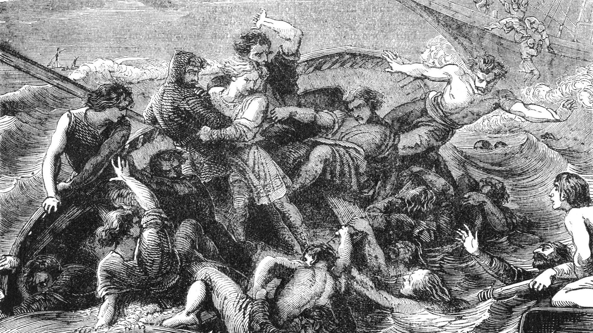 Ein schwarzweißer Druck aus dem 19. Jahrhundert zeigt den Untergang des Weißen Schiffs ( White Ship) an der normannischen Küste nahe Barfleur 1120 wobei bei William Ætheling, der einzige legitime Sohn von König Heinrich I. von England ertrank. Ein schwarzweißer Druck aus dem 19. Jahrhundert zeigt den Untergang des Weißen Schiffs ( White Ship) an der normannischen Küste nahe Barfleur 1120 wobei bei William Ætheling, der einzige legitime Sohn von König Heinrich I. von England ertrank.