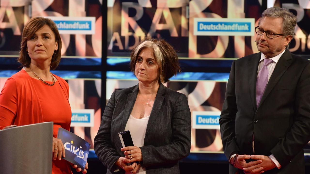Sandra Maischberger, TV Moderatorin, Marianthi Milona, Preisträgerin CIVIS und Alexander Wrabetz, Generaldirektor Österreichischer Rundfunk Sandra Maischberger, TV Moderatorin, Marianthi Milona, Preisträgerin CIVIS und Alexander Wrabetz, Generaldirektor Österreichischer Rundfunk