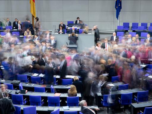 Bundestagsabgeordnete geben im Bundestag im Februar 2019 ihre Stimmkarte bei einer namentlichen Abstimmungab.