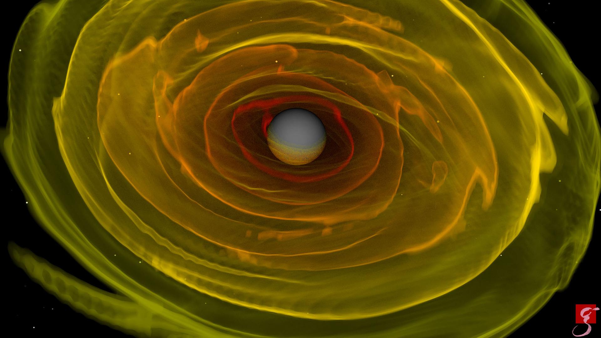 HANDOUT - Numerisch-relativistische Simulation zweier einander umkreisender und verschmelzender Neutronensterne. Dargestellt ist das bei der Verschmelzung der beiden Neutronensterne entstandene schwarze Loch und die es umgebende Aggregationsscheibe. Höhere Dichten sind rot dargestellt, geringere Dichten sind gelb dargestellt. Foto: | HANDOUT - Numerisch-relativistische Simulation zweier einander umkreisender und verschmelzender Neutronensterne. Dargestellt ist das bei der Verschmelzung der beiden Neutronensterne entstandene schwarze Loch und die es umgebende Aggregationsscheibe. Höhere Dichten sind rot dargestellt, geringere Dichten sind gelb dargestellt. Foto: |
