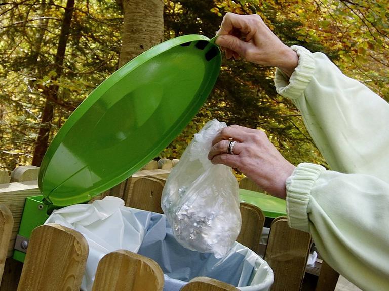 Plastikmüll wird in eine grüne Tonne geworfen.