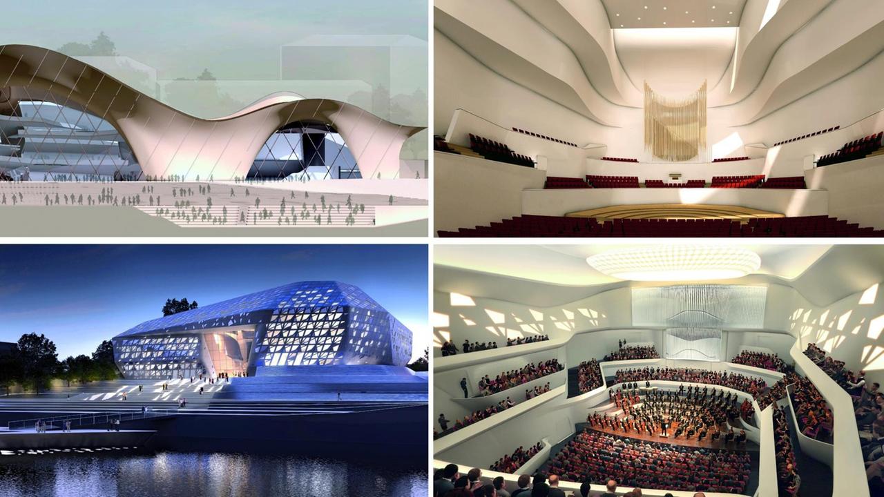 Die Kombo zeigt die Architektenentwürfe "Die Wellen" (oben) und "Der Diamant" für das neue Festspielhaus in Bonn (Handouts). Die Kombo zeigt die Architektenentwürfe "Die Wellen" (oben) und "Der Diamant" für das neue Festspielhaus in Bonn (Handouts).