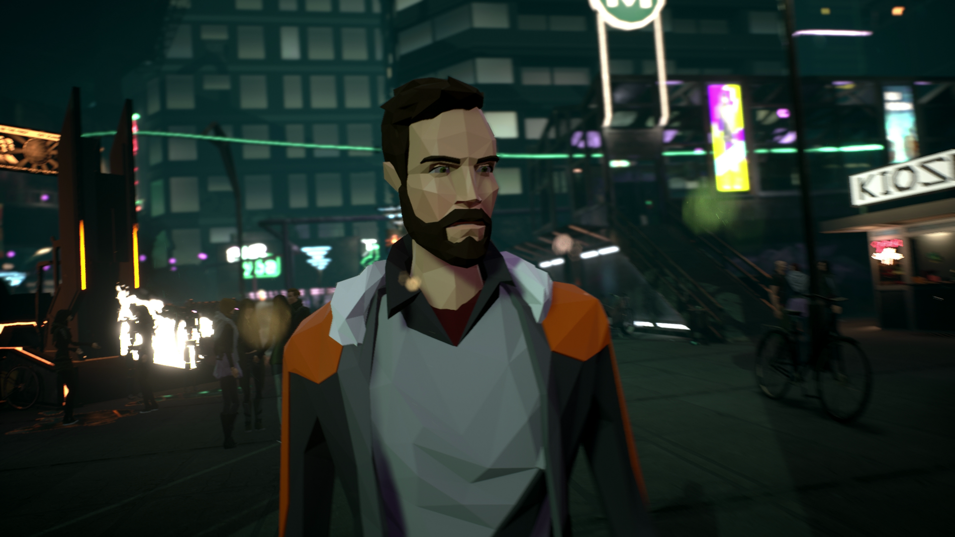 Eine Szene aus dem Spiel "State of Mind" - der Protagonist geht durch eine dunkle und dystopische Stadtszenerie