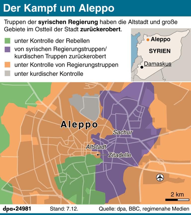 Karte von Aleppo mit den von syrischen Regierungstruppen zurückeroberten Gebieten. Karte von Aleppo mit den von syrischen Regierungstruppen zurückeroberten Gebieten.