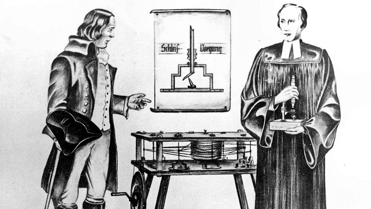Historische Darstellung von Samuel Christoph Wagener und Johann Heinrich August von Duncker neben der Vielschleifmaschine. Historische Darstellung von Samuel Christoph Wagener und Johann Heinrich August von Duncker neben der Vielschleifmaschine.