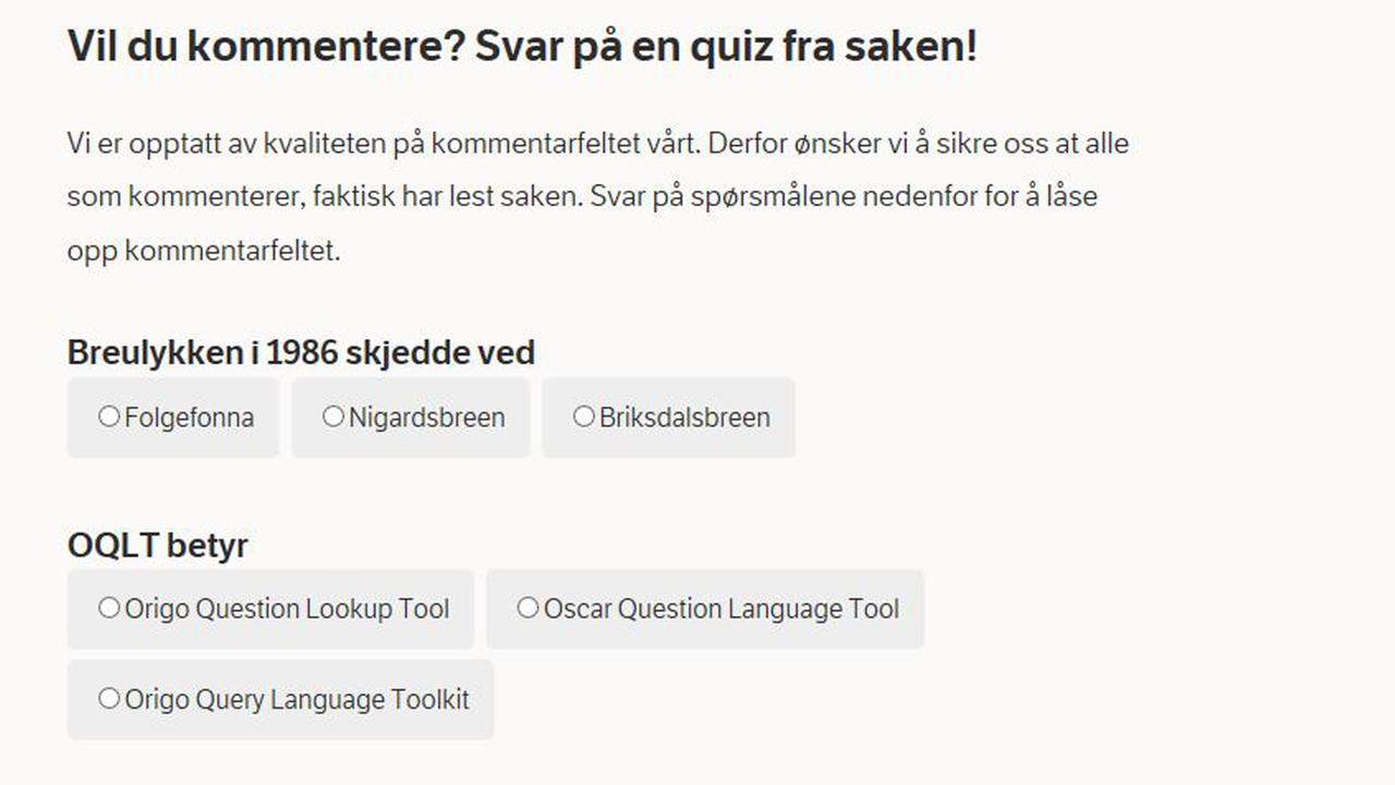 Auf dem Blog NRKbeta sind bei der Kommentarfunktion eines Beitrags Multiple-Choice-Fragen zu dem Text zu sehen. Auf dem Blog NRKbeta sind bei der Kommentarfunktion eines Beitrags Multiple-Choice-Fragen zu dem Text zu sehen.