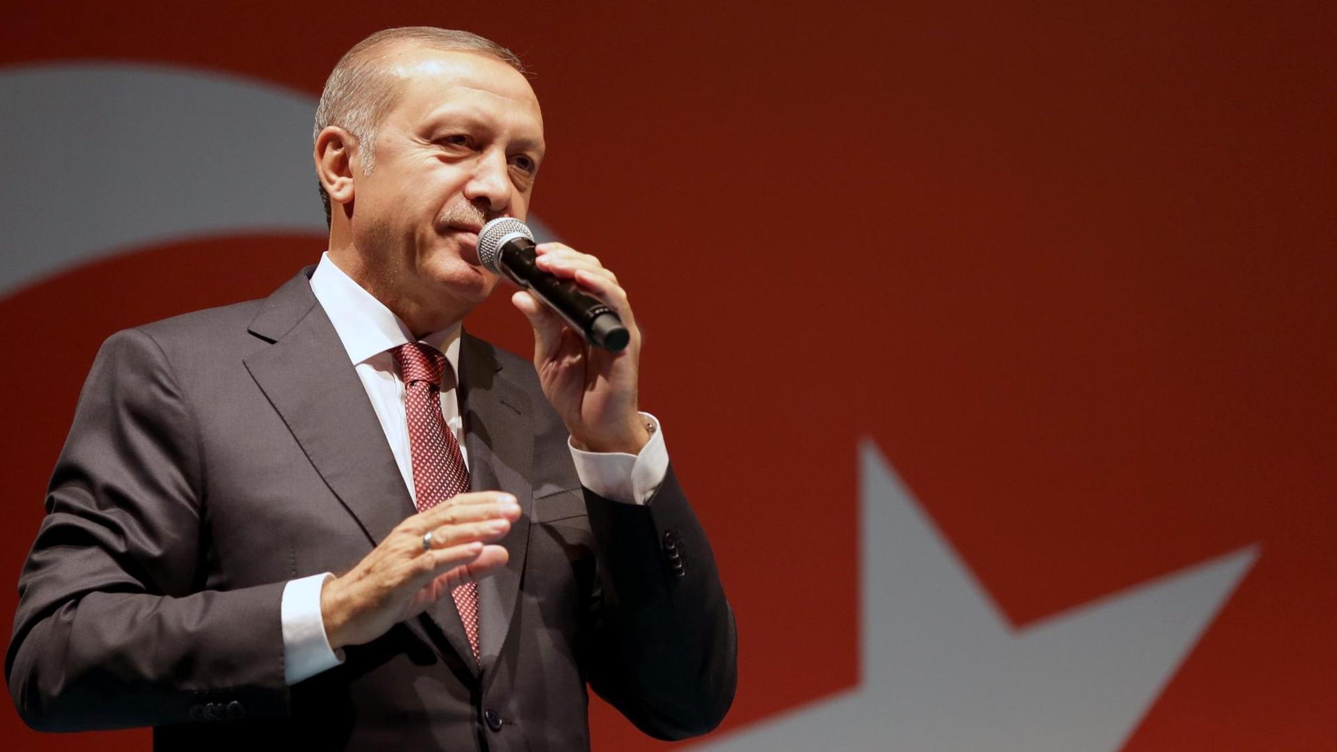 Sie sehen den türkischen Präsidenten Recep Tayyip Erdogan, er hält ein Mikrofon in der Hand, hinter ihm eine Türkei-Fahne. Sie sehen den türkischen Präsidenten Recep Tayyip Erdogan, er hält ein Mikrofon in der Hand, hinter ihm eine Türkei-Fahne.
