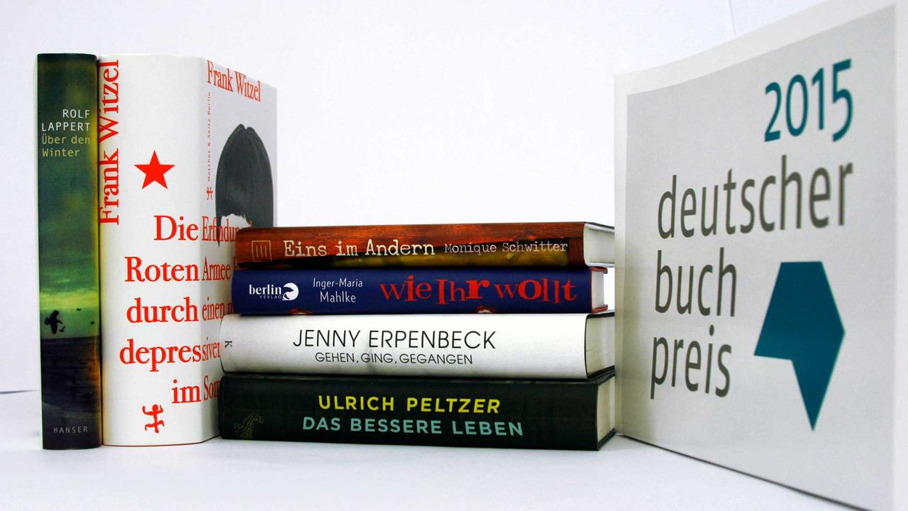 Deutscher Buchpreis 2015 - Die Kandidaten der Shortlist: Jenny Erpenbeck ("Gehen, ging, gegangen"), Rolf Lappert ("Über den Winter"), Inger-Maria Mahlke ("Wie Ihr wollt"), Ulrich Peltzer ("Das bessere Leben"), Monique Schwitter ("Eins im Andern") und Frank Witzel ("Die Erfindung der Roten Armee Fraktion durch einen manisch-depressiven Teenager im Sommer 1969"). Deutscher Buchpreis 2015 - Die Kandidaten der Shortlist: Jenny Erpenbeck ("Gehen, ging, gegangen"), Rolf Lappert ("Über den Winter"), Inger-Maria Mahlke ("Wie Ihr wollt"), Ulrich Peltzer ("Das bessere Leben"), Monique Schwitter ("Eins im Andern") und Frank Witzel ("Die Erfindung der Roten Armee Fraktion durch einen manisch-depressiven Teenager im Sommer 1969").