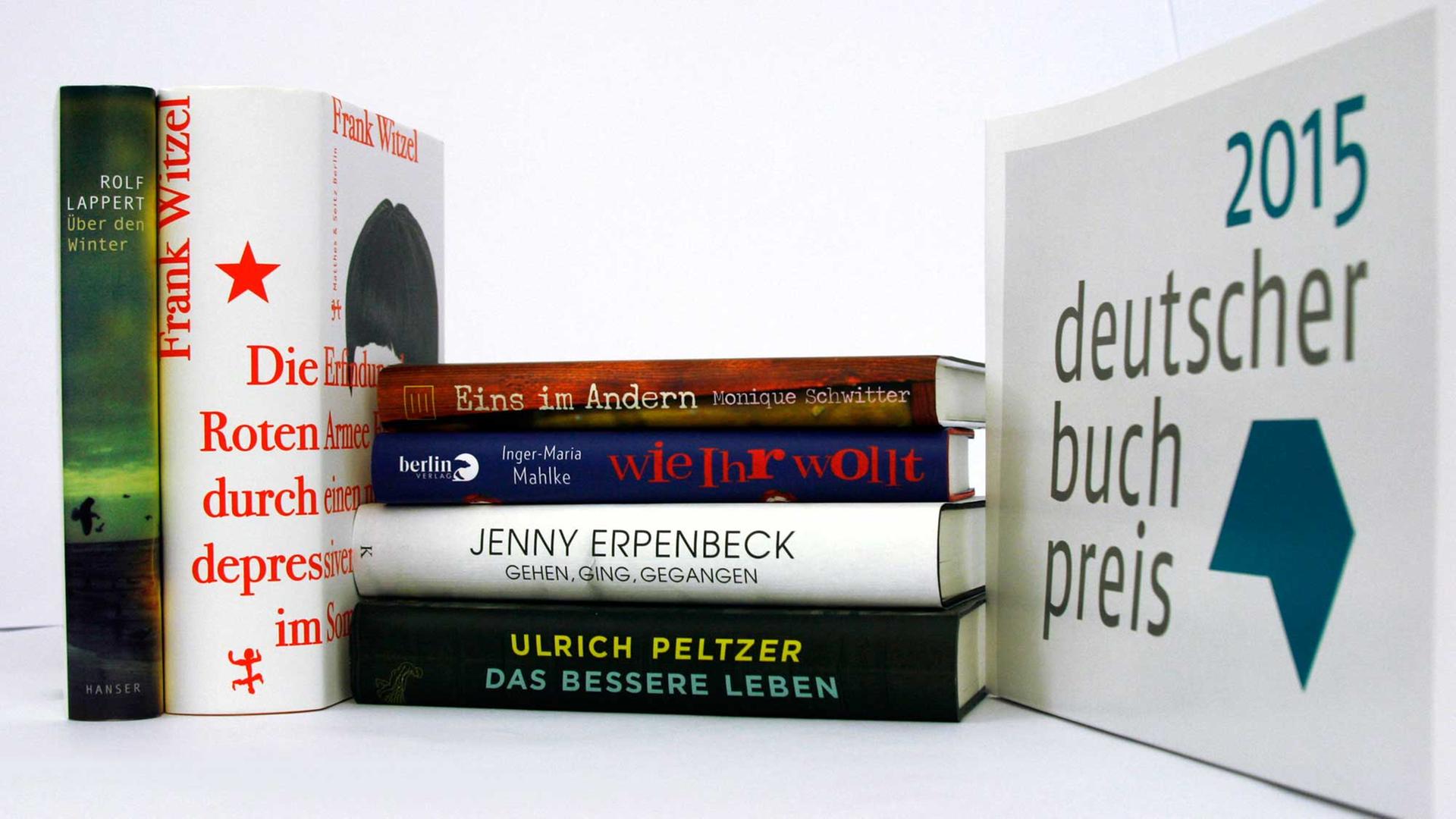 Deutscher Buchpreis 2015 - Die Kandidaten der Shortlist: Jenny Erpenbeck ("Gehen, ging, gegangen"), Rolf Lappert ("Über den Winter"), Inger-Maria Mahlke ("Wie Ihr wollt"), Ulrich Peltzer ("Das bessere Leben"), Monique Schwitter ("Eins im Andern") und Frank Witzel ("Die Erfindung der Roten Armee Fraktion durch einen manisch-depressiven Teenager im Sommer 1969").