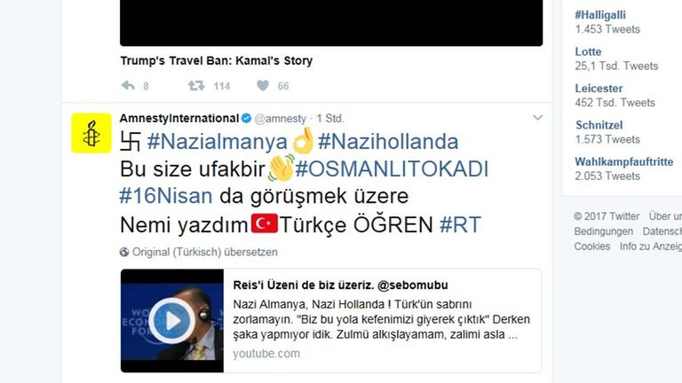 Der Screenshot zeigt den gehackten Twitter-Auftritt von Amnesty International. Der Screenshot zeigt den gehackten Twitter-Auftritt von Amnesty International.