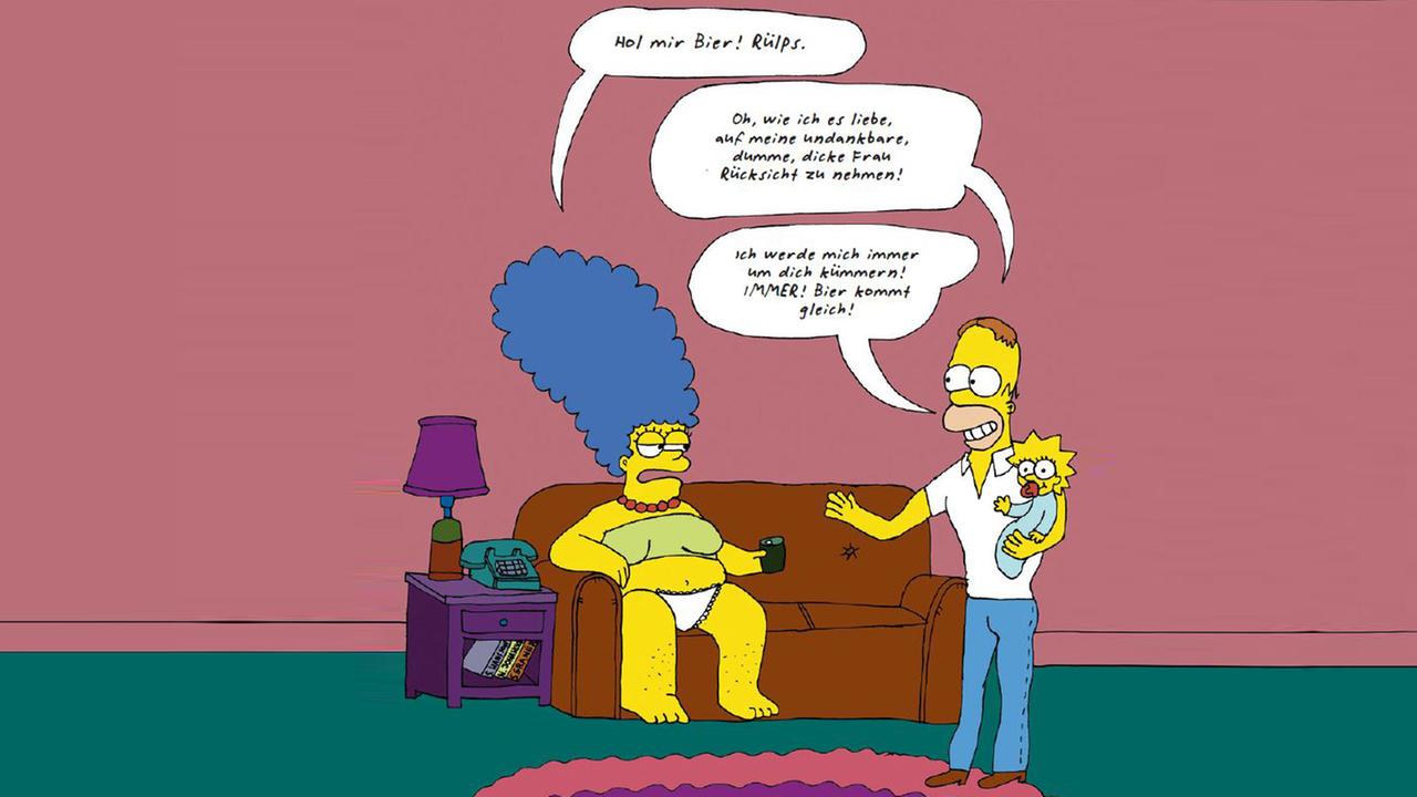 In ihrem Comic "I'm every woman" parodiert Liv Strömquist die Simpsons: Marge sitzt dick, rülpsend und mit behaarten Beinen auf der Couch und lässt sich vom schlanken, hilfsbereiten Homer ein Bier bringen. In ihrem Comic "I'm every woman" parodiert Liv Strömquist die Simpsons: Marge sitzt dick, rülpsend und mit behaarten Beinen auf der Couch und lässt sich vom schlanken, hilfsbereiten Homer ein Bier bringen.