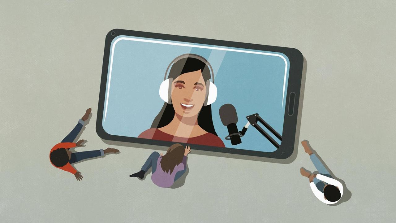 Illustration: Menschen hören einem Podcast auf einem riesigem Smartphonebildschirm zu.
