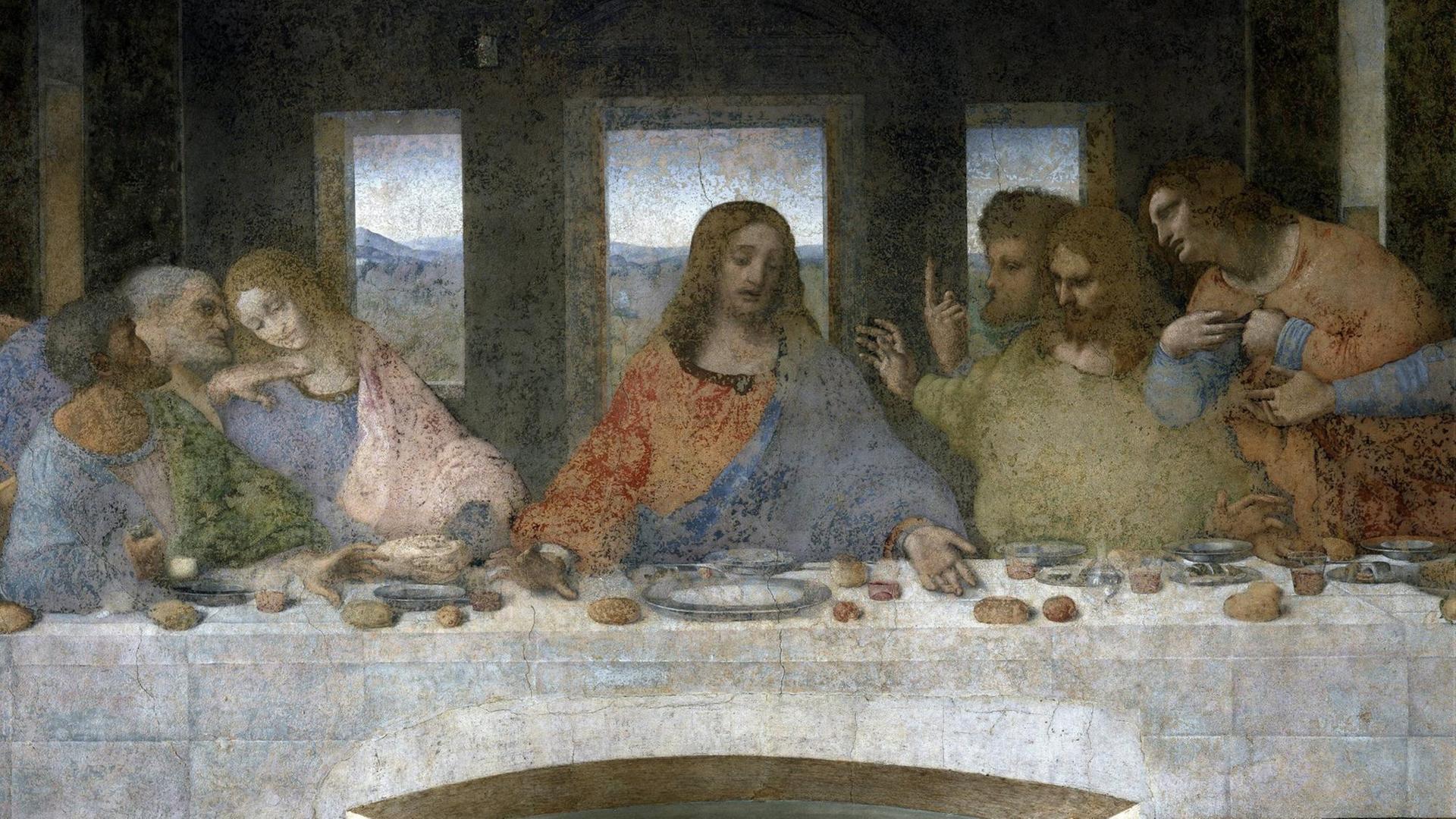 Detail des letzten Abendmahls, links die Apostel Judas, Petrus und Johannes, Christus in der Mitte und die Apostel Thomas, Jakobus der Große und Philippus darstellt in einem Fresko von Leonardo da Vinci (Leonardo da Vinci). Detail des letzten Abendmahls, links die Apostel Judas, Petrus und Johannes, Christus in der Mitte und die Apostel Thomas, Jakobus der Große und Philippus darstellt in einem Fresko von Leonardo da Vinci (Leonardo da Vinci).