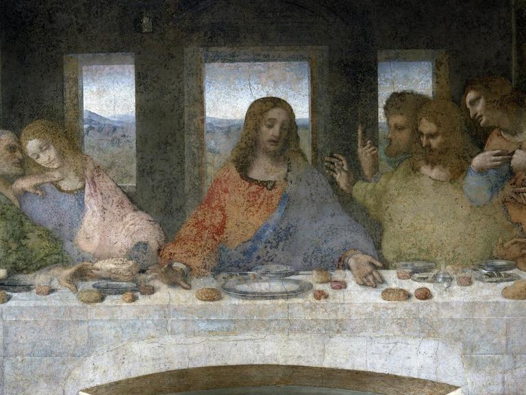 Detail des letzten Abendmahls, links die Apostel Judas, Petrus und Johannes, Christus in der Mitte und die Apostel Thomas, Jakobus der Große und Philippus darstellt in einem Fresko von Leonardo da Vinci (Leonardo da Vinci).