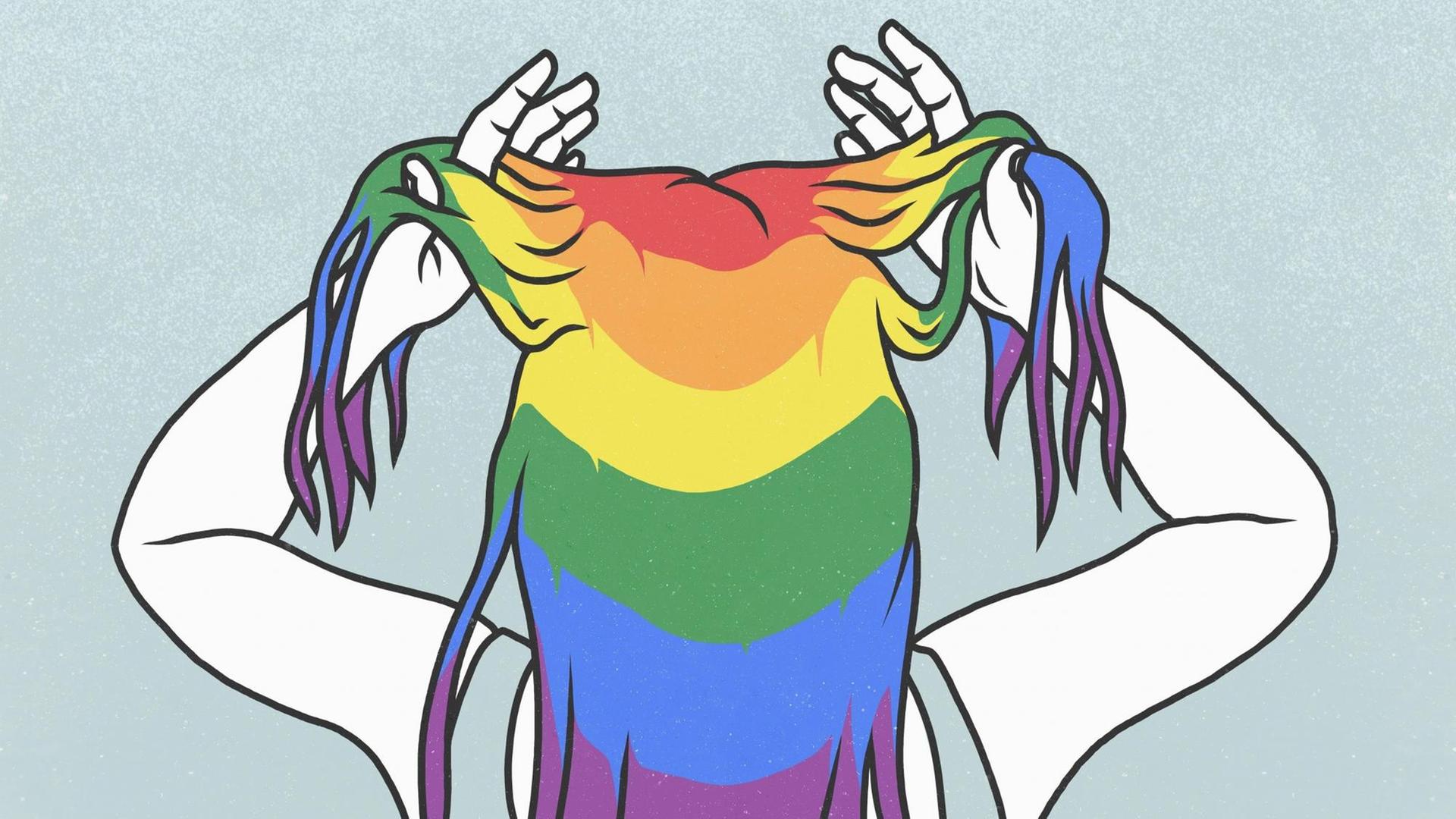 Zeichnung einer Frau von hinten, die sich mit ihren Händen durch ihr regenbogenfarbenes Haar fährt. Zeichnung einer Frau von hinten, die sich mit ihren Händen durch ihr regenbogenfarbenes Haar fährt.