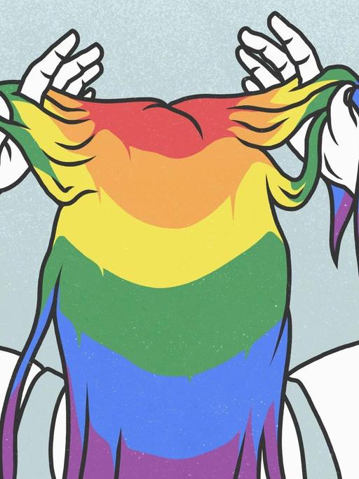 Zeichnung einer Frau von hinten, die sich mit ihren Händen durch ihr regenbogenfarbenes Haar fährt.
