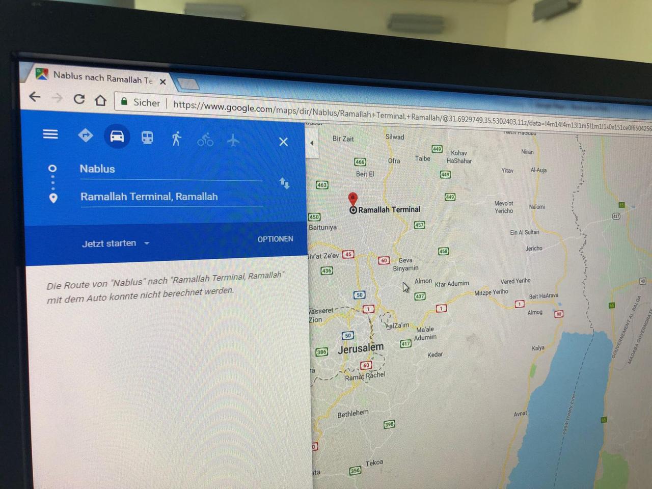 Die Suche nach einer Route von Nablus nach Ramallah führt bei Google Maps zur Fehlermeldung