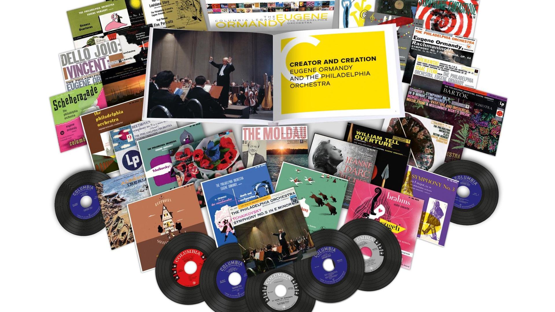 Aufgefächert mit bunten Covern sind verschiedene CDs der Box mit Aufnahmen von Eugene Ormady und seinem Philadelphia Orchestra, erschienen bei Sony Classical. Einige CDs am unteren Bildrand haben das Aussehen einer schwarzen Vinyl-Langspielplatte. Aufgefächert mit bunten Covern sind verschiedene CDs der Box mit Aufnahmen von Eugene Ormady und seinem Philadelphia Orchestra, erschienen bei Sony Classical. Einige CDs am unteren Bildrand haben das Aussehen einer schwarzen Vinyl-Langspielplatte.