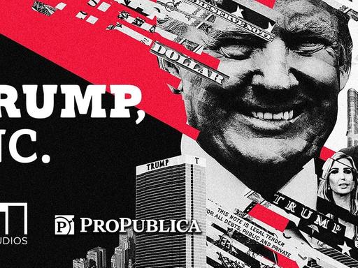 Das Titelbild des "Trump Inc"-Podcasts zeigt den US-Präsidenten, seine Tochter und sein Tower in rot.