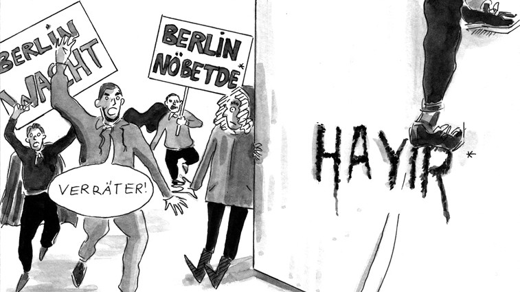 Im Panel aus "Jein" flüchtet ein Sprayer vor Erdoğan-Anhängern. Im Panel aus "Jein" flüchtet ein Sprayer vor Erdoğan-Anhängern.