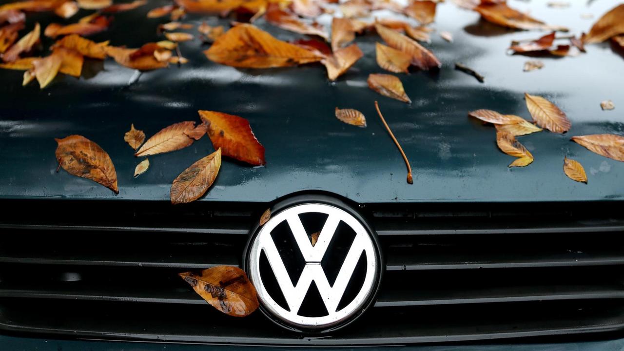 Herbstlaub liegt auf der Motorhaube eines VW-Polo Herbstlaub liegt auf der Motorhaube eines VW-Polo