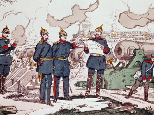 Die französische Zeichnung "Belagerung und Bombardierung von Paris 1870" zeigt König Wilhelm I. (Mitte links) und Preußens Ministerpräsidenten Otto von Bismarck (Mitte rechts) neben dem General von Moltke.