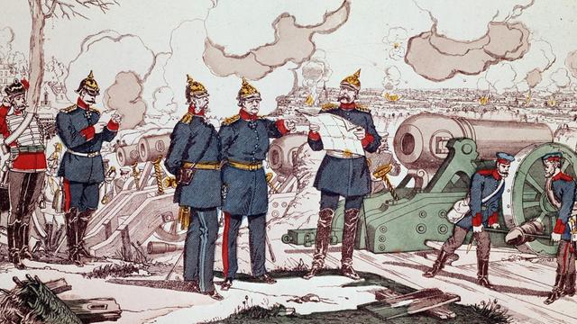 Die französische Zeichnung "Belagerung und Bombardierung von Paris 1870" zeigt König Wilhelm I. (Mitte links) und Preußens Ministerpräsidenten Otto von Bismarck (Mitte rechts) neben dem General von Moltke.