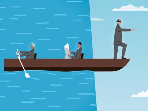 Illustration eines Bootes, in dem ein Geschäftsmann mit Augenbinde die Ruderer über den Abgrund führt, ohne dass die Ruderer wissen, was auf sie zukommt.