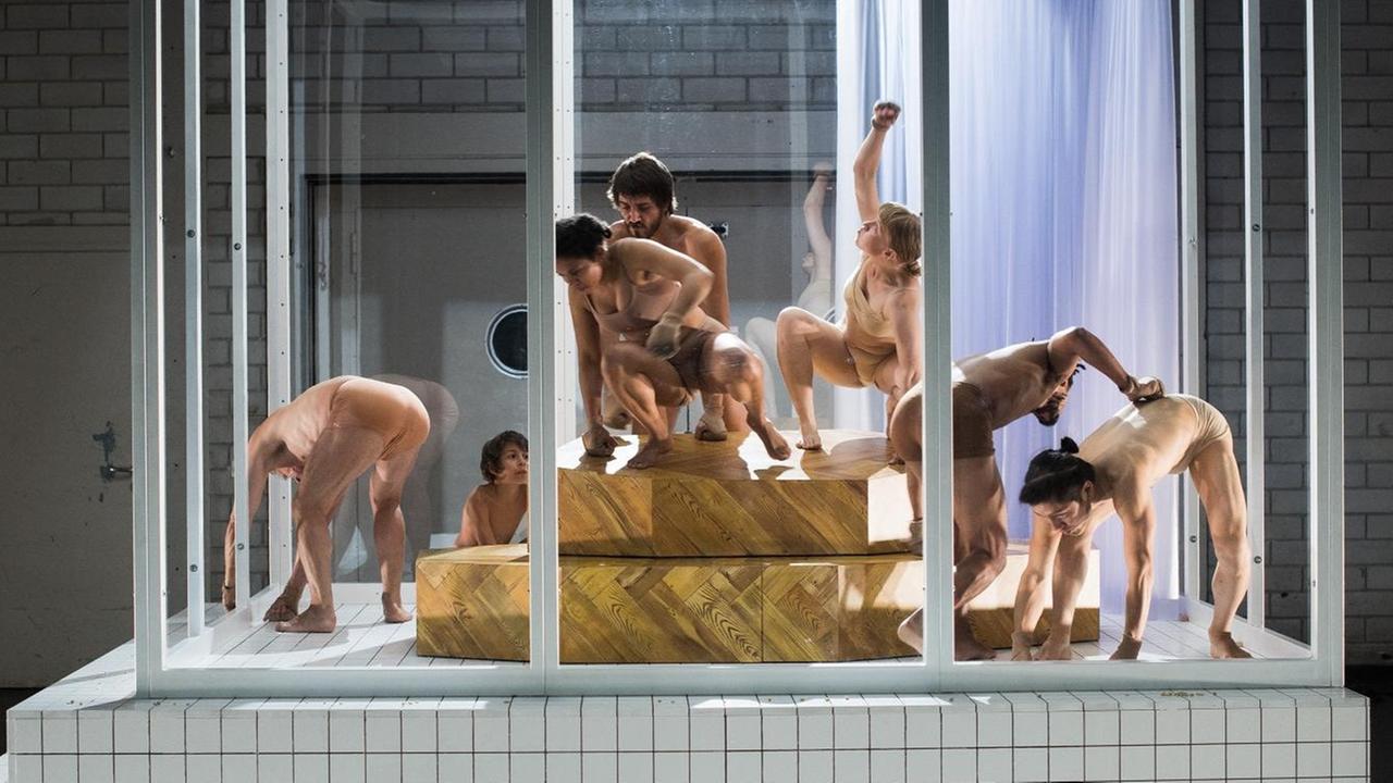mehrere Schauspieler agieren in einem leicht erhöt stehenden, gläsernen Kubus, nur mit hautfarbenen Hosen bekleidet, wie Affen in einem Käfig. mehrere Schauspieler agieren in einem leicht erhöt stehenden, gläsernen Kubus, nur mit hautfarbenen Hosen bekleidet, wie Affen in einem Käfig.