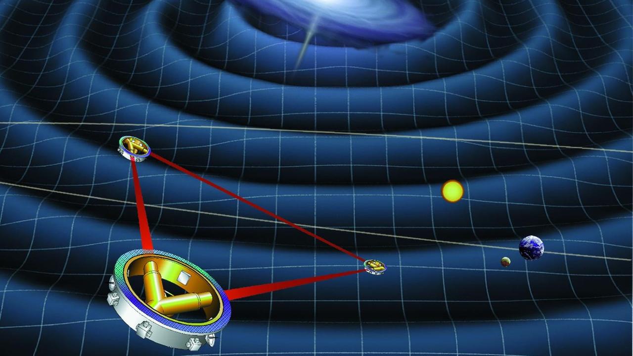 Der geplante Weltraum-Gravitationsdetektor LISA wird aus drei Satelliten bestehen Der geplante Weltraum-Gravitationsdetektor LISA wird aus drei Satelliten bestehen