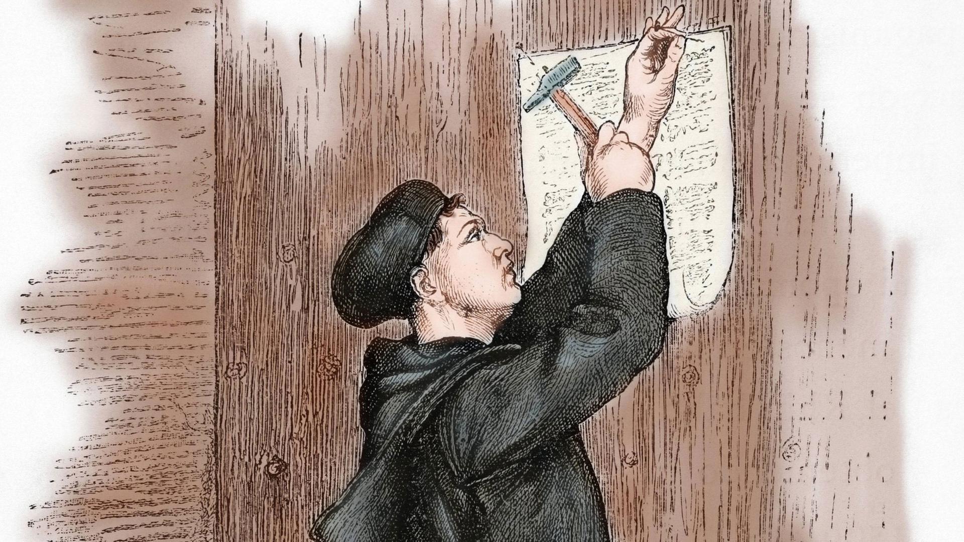 Eine Radierung aus dem 19. Jahrhundert zeigt den Reformator Martin Luther bei seinem Thesenanschlag an der Tür der Schlosskirche in Wittenberg im Jahr 1517. Eine Radierung aus dem 19. Jahrhundert zeigt den Reformator Martin Luther bei seinem Thesenanschlag an der Tür der Schlosskirche in Wittenberg im Jahr 1517.