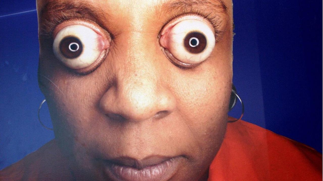 Ein Plakat einer Frau mit Glupschaugen macht auf der Frankfurter Buchmesse 2006 aufmerksam auf das Guinness Buch der Rekorde