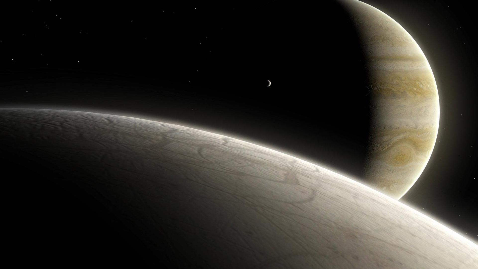 Im Hintergrund Jupiter, davor dessen Mond Europa in einer künstlerischen Darstellung Im Hintergrund Jupiter, davor dessen Mond Europa in einer künstlerischen Darstellung