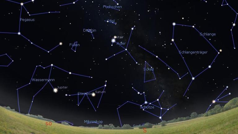 Der Planet Saturn zeigt sich abends tief am Südosthimmel, ebenso wie Jupiter, ein Stück links daneben Der Planet Saturn zeigt sich abends tief am Südosthimmel, ebenso wie Jupiter, ein Stück links daneben