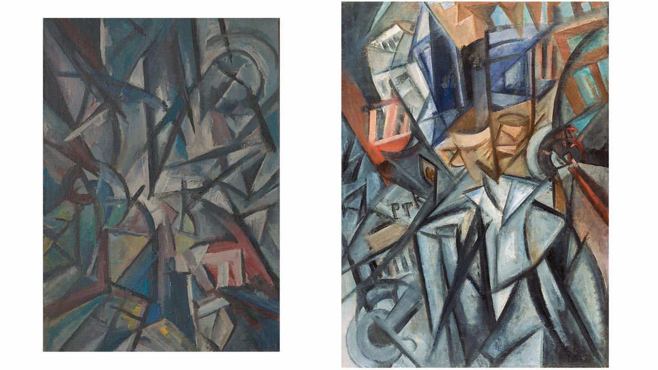 links das vermeintliche Gemälde von Olga Rosanowa "Landschaft (Zerlegung der Formen), 1913" aus der Sammlung Ludwig - rechts das Original "Mann auf der Straße (Analyse von Volumen), 1913" aus der Sammlung Thyssen-Bornemisza links das vermeintliche Gemälde von Olga Rosanowa "Landschaft (Zerlegung der Formen), 1913" aus der Sammlung Ludwig - rechts das Original "Mann auf der Straße (Analyse von Volumen), 1913" aus der Sammlung Thyssen-Bornemisza