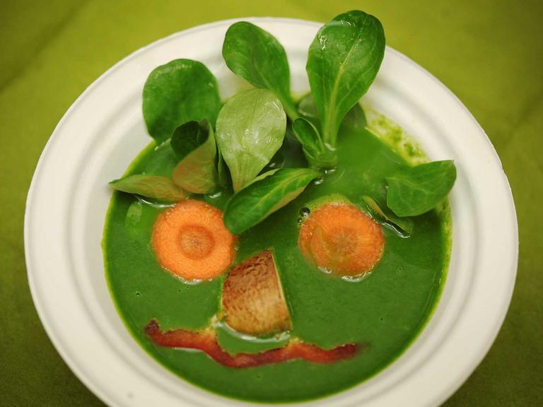 Eine vegane Spinat-Suppe, aufgenommen am 24.01.2014 auf der Messe "Veggie-World" in den Rhein-Main-Hallen in Wiesbaden (Hessen).