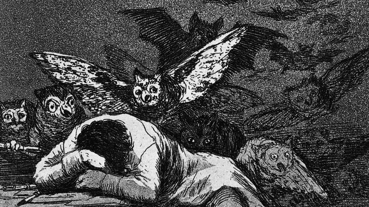 Kunstwerk von Francisco de Goya: Ein schlafender Mann hat einen Albtraum, der Ungeheuer gebiert. Kunstwerk von Francisco de Goya: Ein schlafender Mann hat einen Albtraum, der Ungeheuer gebiert.