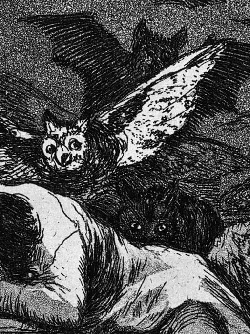 Kunstwerk von Francisco de Goya: Ein schlafender Mann hat einen Albtraum, der Ungeheuer gebiert.