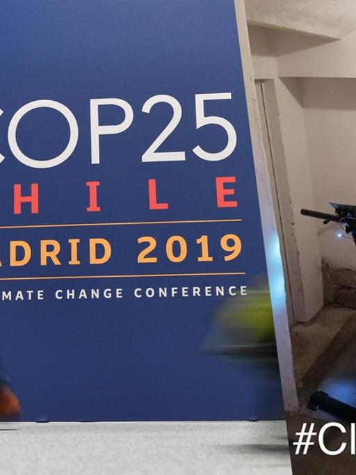 Eine Collage zeigt einen Teilnehmer der UN-Klimaschutzkonferenz in Bewegung vor dem Logo der Veranstaltung neben Gina, einer junge Frau im Sportoutfit, am Hometrainer strampeln.