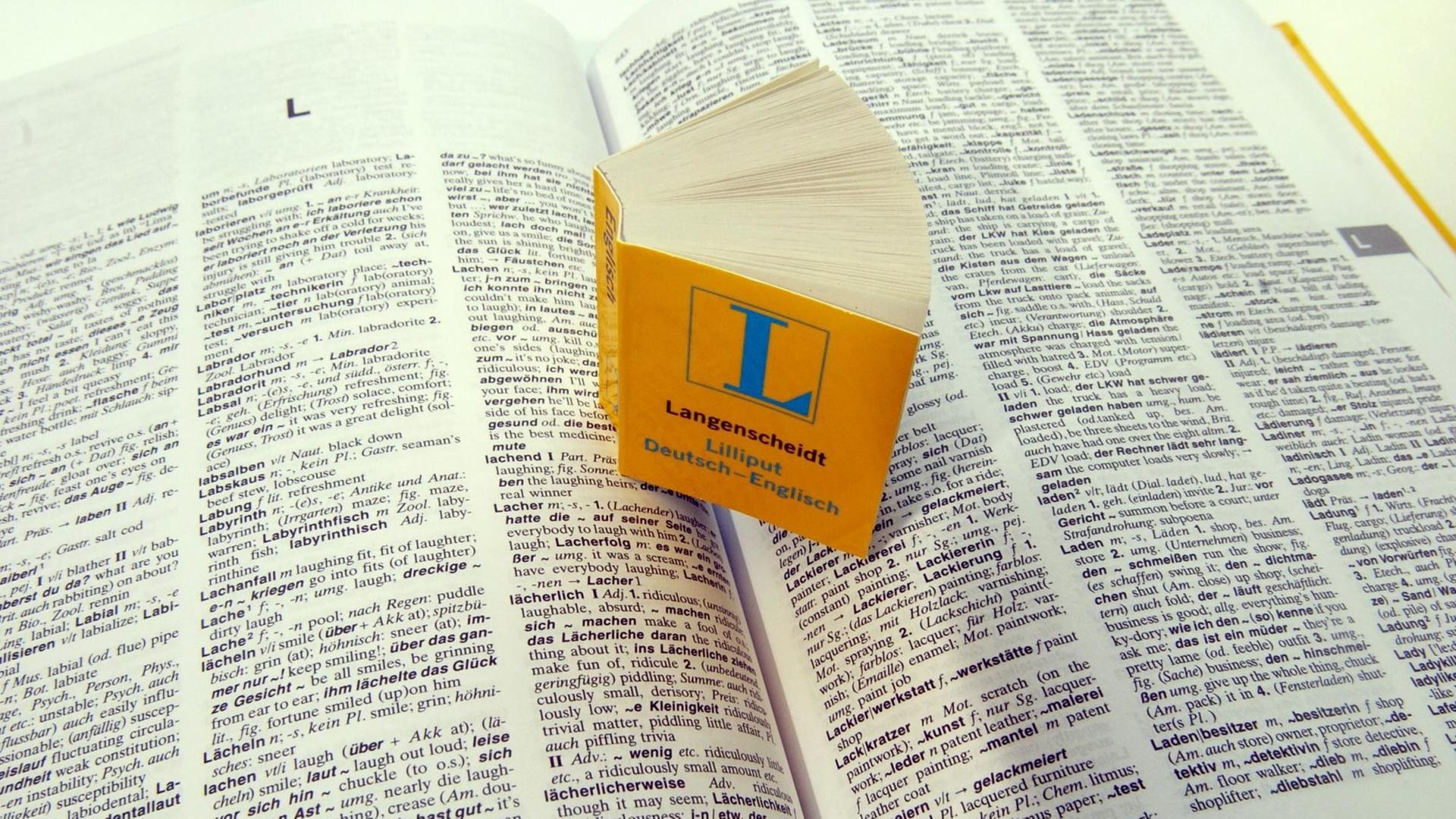 Ein Miniatur-Wörterbuch "Deutsch - Englisch" steht auf den aufgeschlagenen Seiten seines großen "Bruders" Ein Miniatur-Wörterbuch "Deutsch - Englisch" steht auf den aufgeschlagenen Seiten seines großen "Bruders"