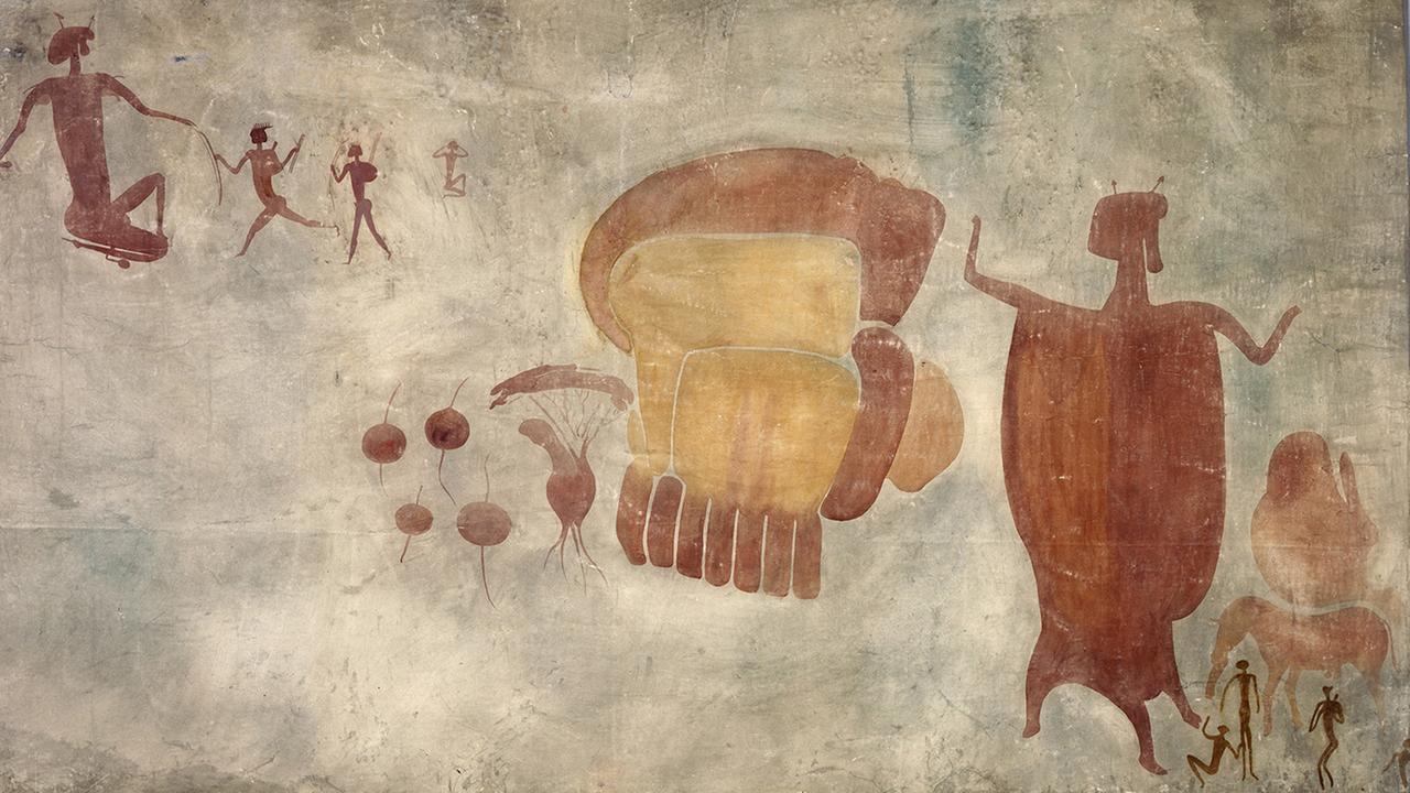 Begräbnisszene mit Mumie im Ochsenfell Simbabwe, Rusape, Fishervall 8.000-2.000 v.Chr. Aquarell von Joachim Lutz und Leo Frobenius, 1929 Begräbnisszene mit Mumie im Ochsenfell Simbabwe, Rusape, Fishervall 8.000-2.000 v.Chr. Aquarell von Joachim Lutz und Leo Frobenius, 1929