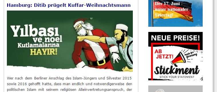 Der Screenshot zeigt einen Artikel-Anfang auf einer islamfeindlichen Internetseite in Deutschland. Aufhänger ist ein gemaltes Bild, dass einen Muslim zeigt, der dem Weihnachtsmann einen Kinnhaken verpasst.