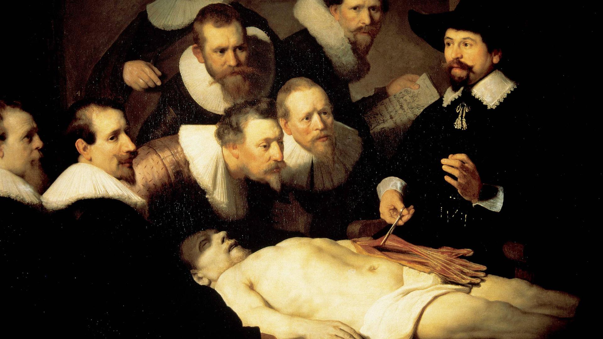 Ausschnitt aus dem Rembrandt-Gemälde Die Anatomiestunde des Dr. Tulp. Ausschnitt aus dem Rembrandt-Gemälde Die Anatomiestunde des Dr. Tulp.