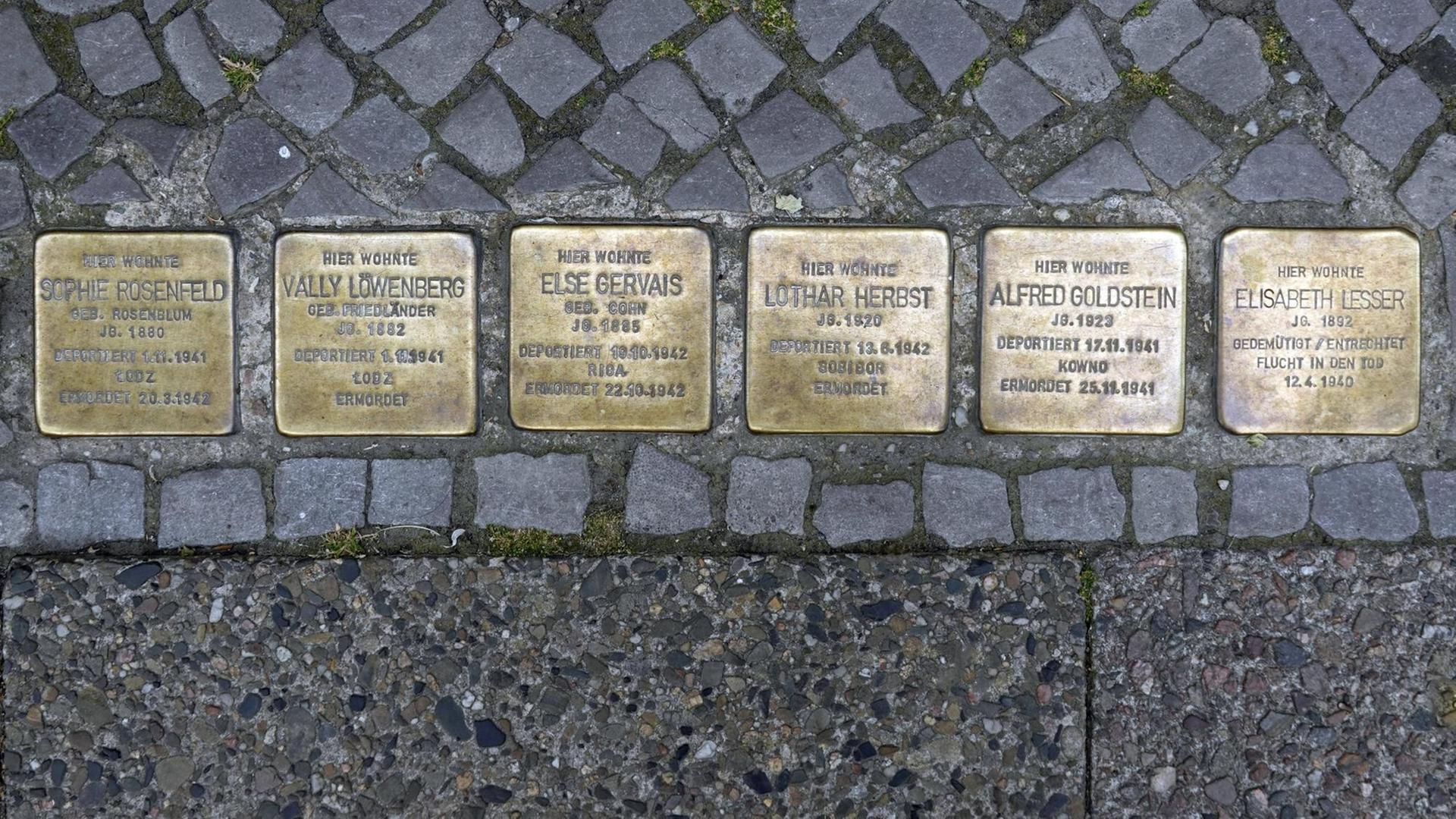 Sechs Stolpersteine nebeneinander in der Salzburger Straße in Berlin. Sechs Stolpersteine nebeneinander in der Salzburger Straße in Berlin.