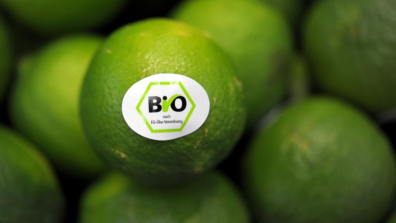 Zu sehen ist ein Haufen Limetten. Auf einer Limette befindet sich ein Aufkleber mit dem Bio-Siegel. Zu sehen ist ein Haufen Limetten. Auf einer Limette befindet sich ein Aufkleber mit dem Bio-Siegel.
