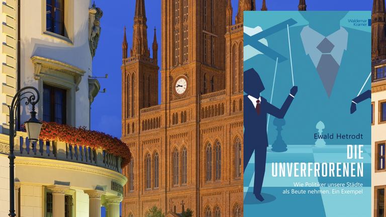 Buchcover "Die Unverfrorenen". Im Hintergrund die Altstadt von Wiesbaden mit Landtag, Marktkirche und Stadtschloss Buchcover "Die Unverfrorenen". Im Hintergrund die Altstadt von Wiesbaden mit Landtag, Marktkirche und Stadtschloss