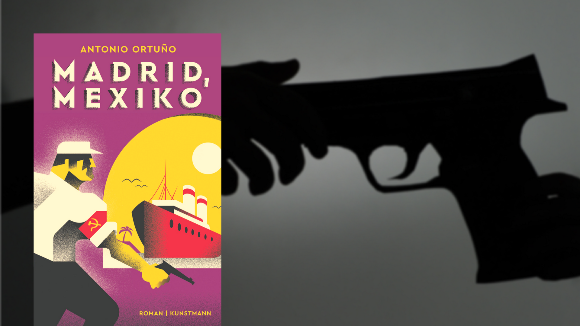 Cover von Antonio Ortuño: "Madrid, Mexiko", im Hintergrund überreichen sich zwei Hände eine Waffe